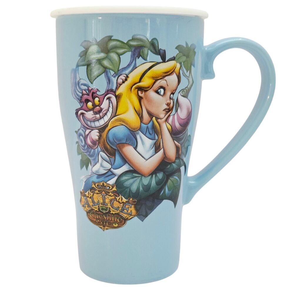 Disney Alice in Wonderland Cheshire Cat 20 oz Blue Ceramic Travel Mug & Lid